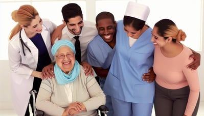 Doctor, business executive and Nursing Assistant, and chef, all standing side by side, all with their arms over each others shoulders, behind a dement-2-1